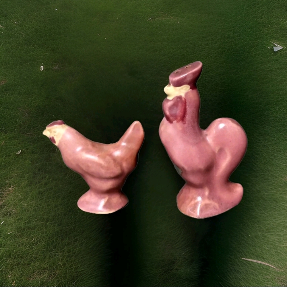 Vintage Rosemeade Pottery Dusty Pink Rooster & Hen Salt & Pepper Shakers